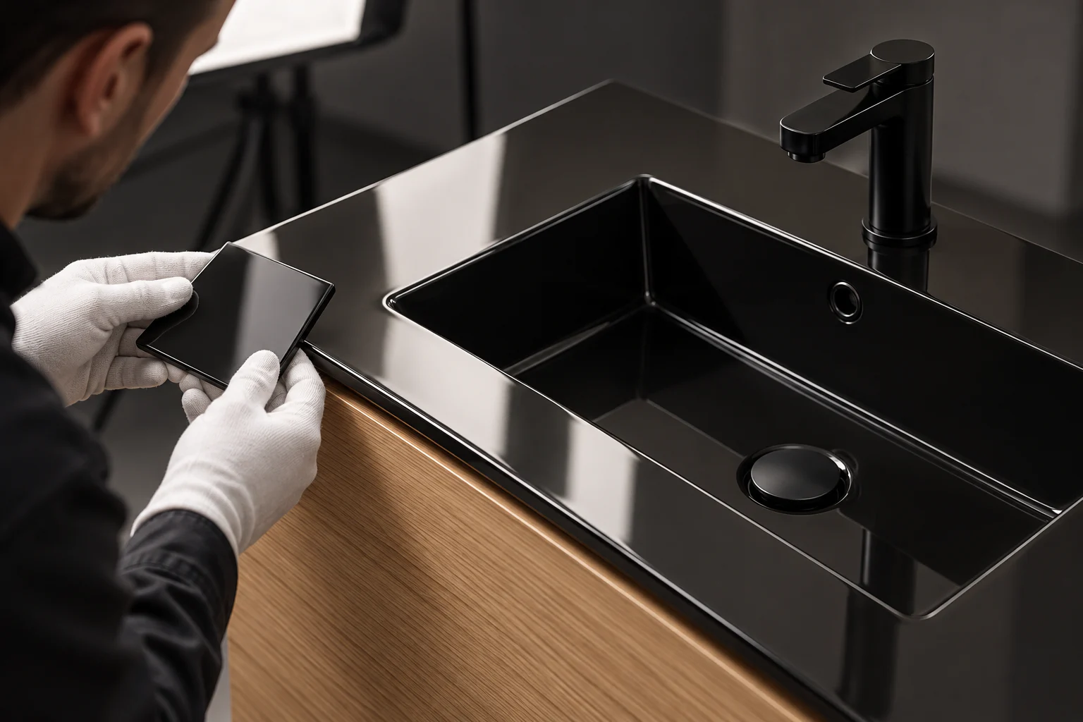 Quality technician comparing a glossy black ceramic vanity top with a physical glaze sample