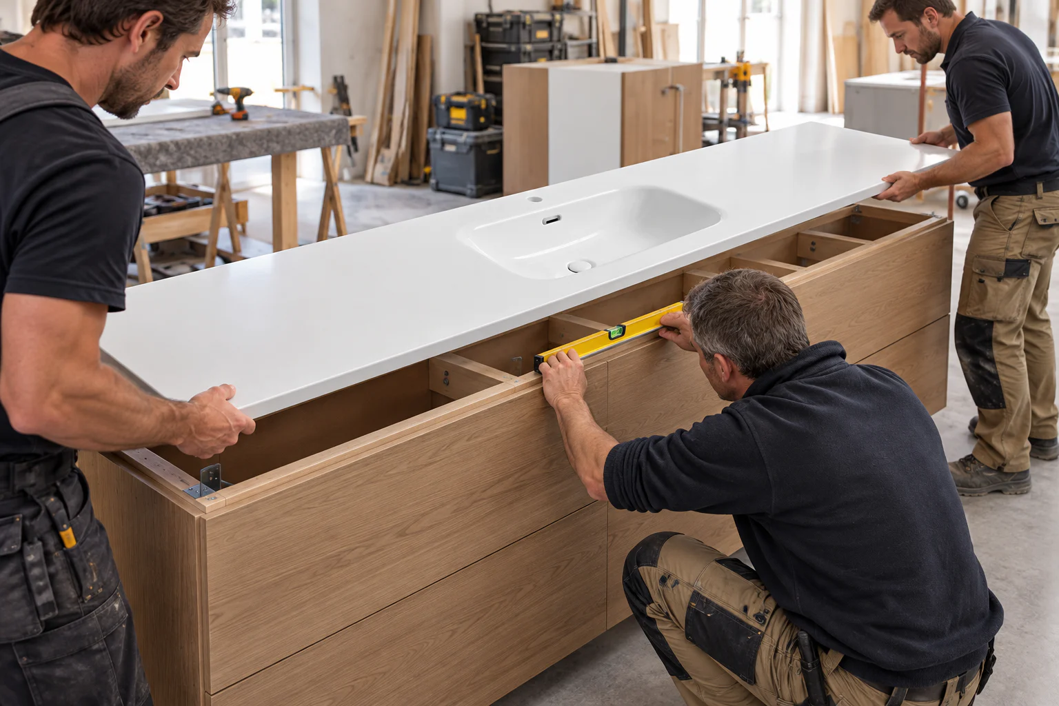 Three installers dry-fitting a long ceramic vanity top onto a supported timber cabinet