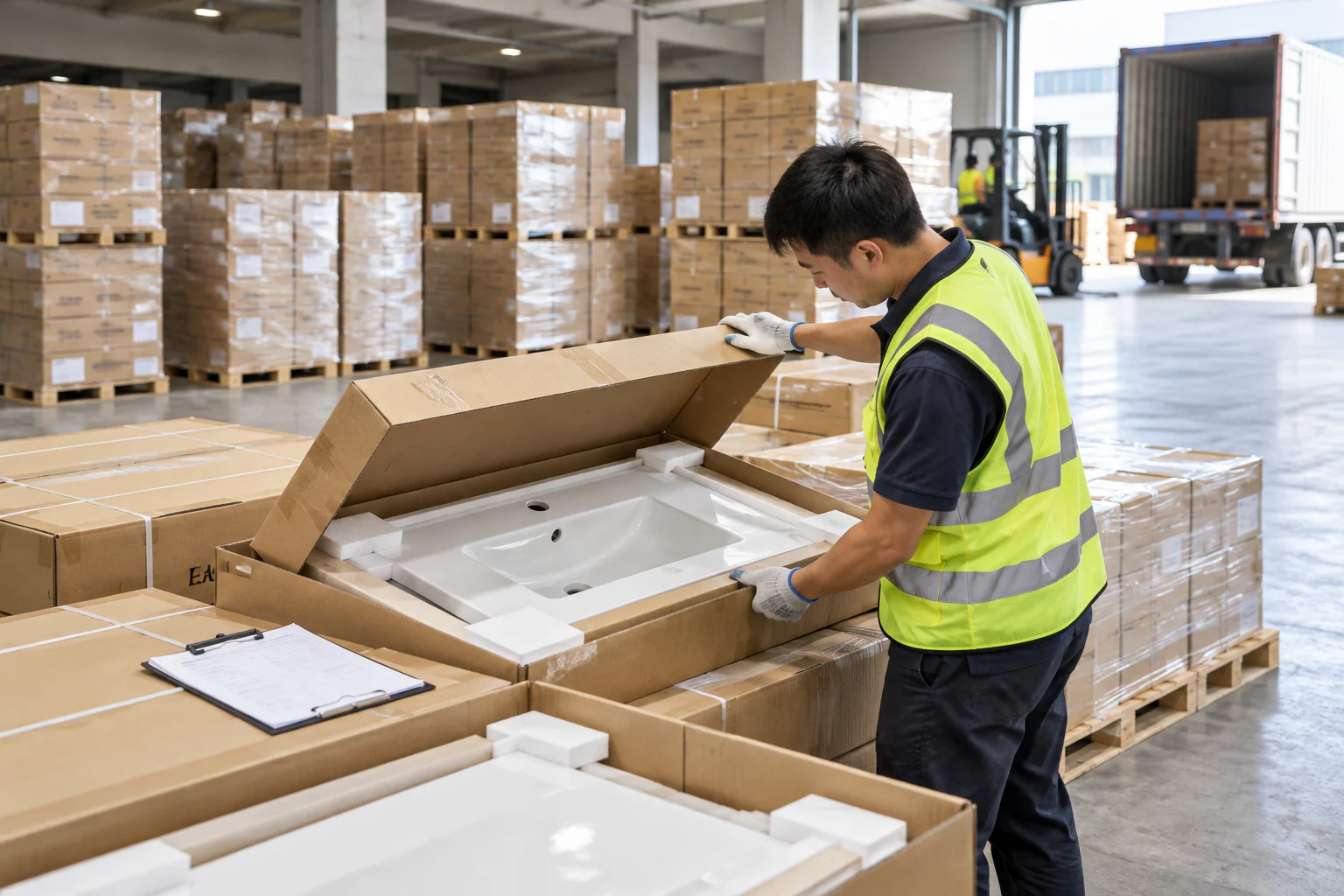 Warehouse inspector opening a protected ceramic vanity top carton before export shipment